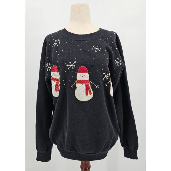 Vintage Handmade Women's XL Pannill Black Snowman Crewneck Holiday Sweater - Picture 1 of 11